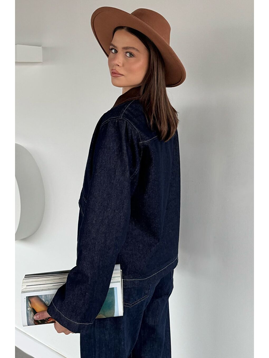 Lacivert Kadın Renk Garnili Çift Cepli Jean Jean Ceket-3