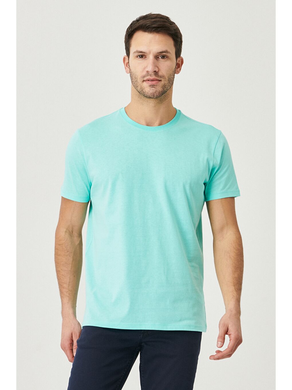 Erkek Beyaz-Turkuaz-Saks Slim Fit Bisiklet Yaka 3'lü %100 Pamuk Tişört Paketi-10