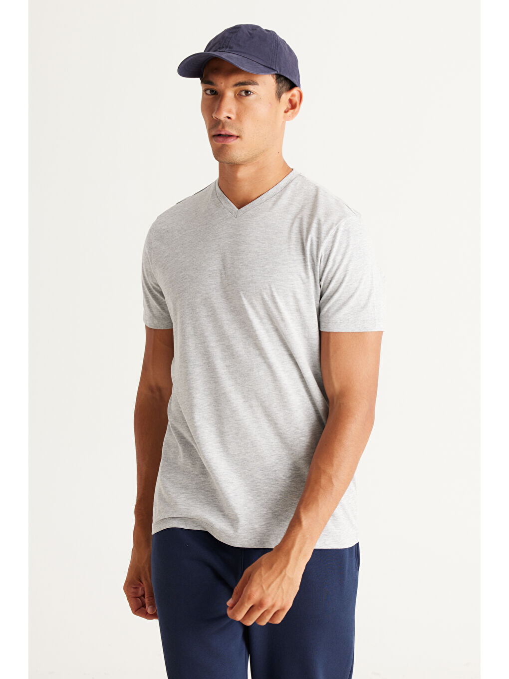 Gri Erkek GRI MELANJ-SIYAH 2'li Slim Fit Dar Kesim V Yaka %100 Pamuk Tişört-5