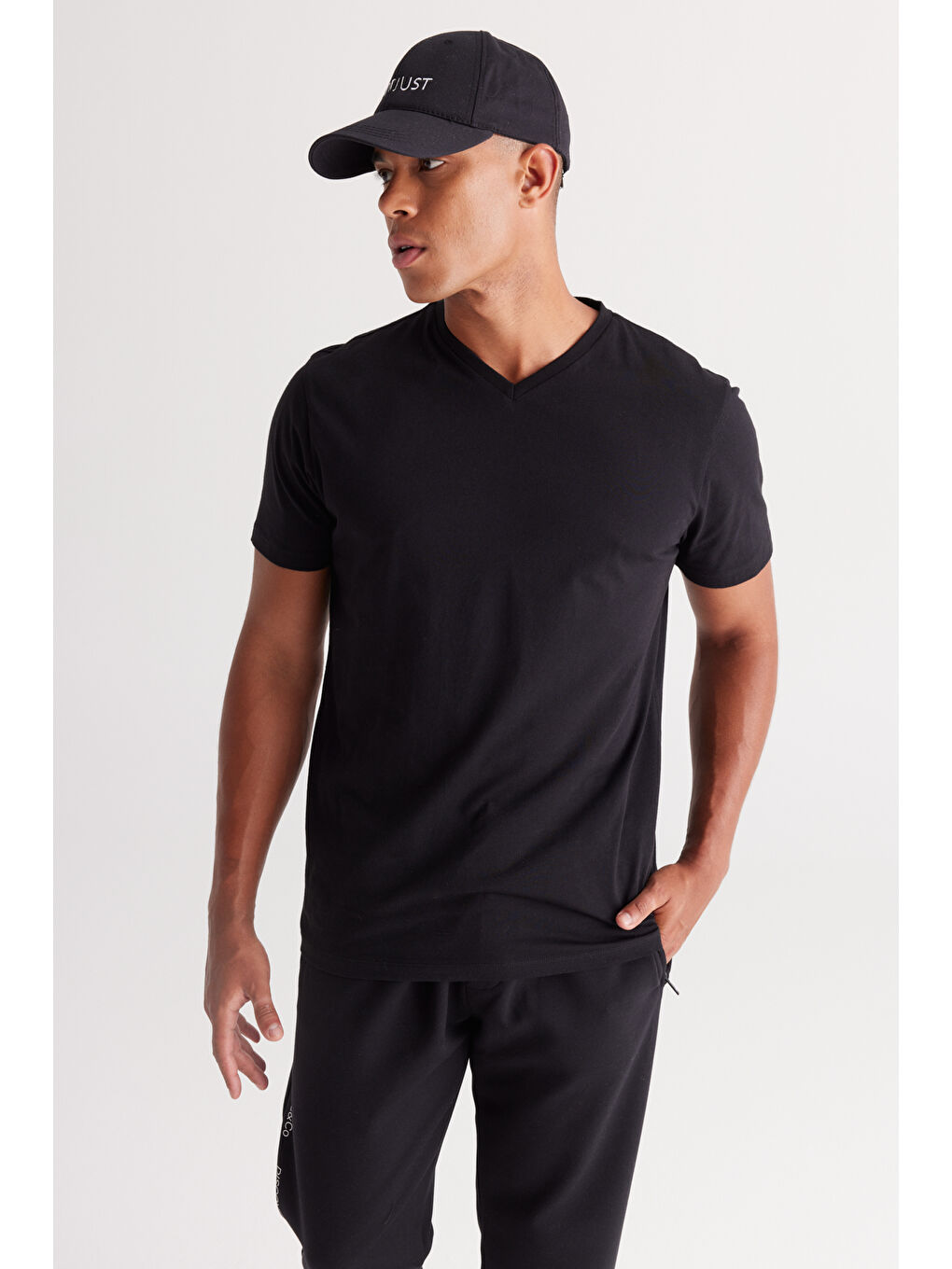 Gri Erkek GRI MELANJ-SIYAH 2'li Slim Fit Dar Kesim V Yaka %100 Pamuk Tişört-6