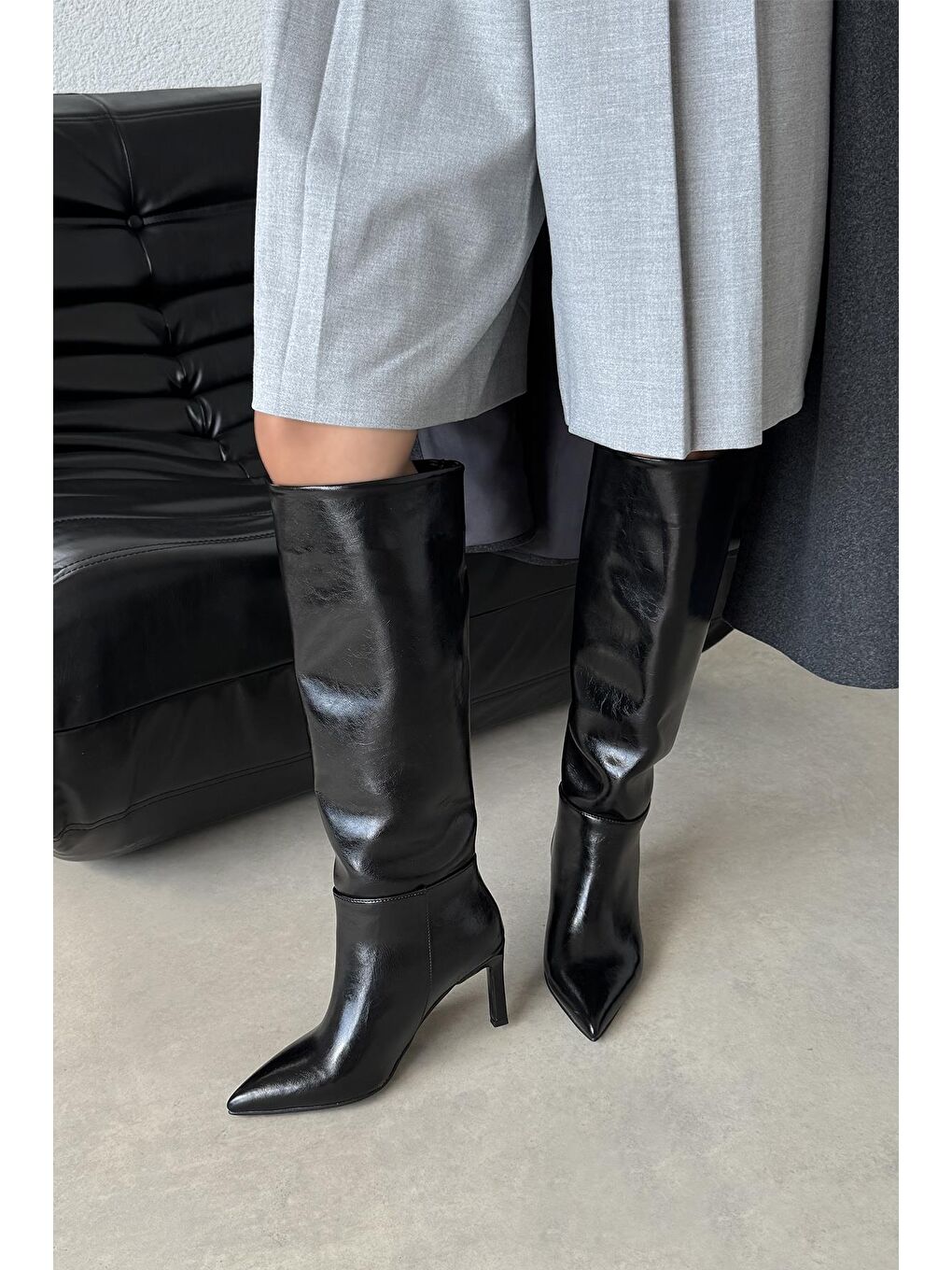 Nadia Kadın Kırışık Deri Çizme Siyah-2