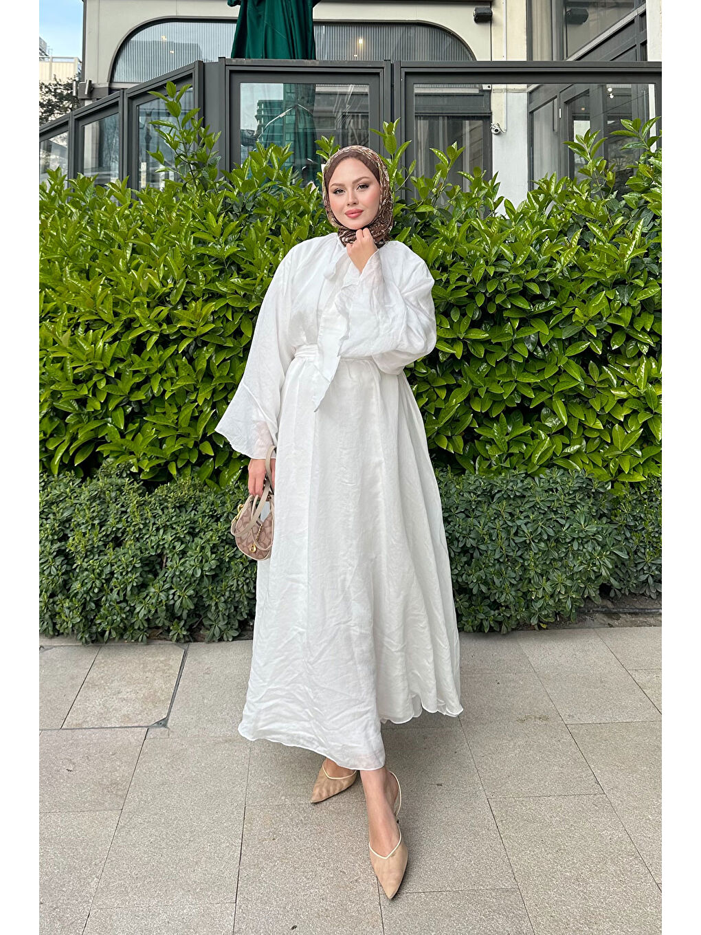 Kadın Tül Kumaş Boyun Bağlamalı Detaylı Bel Bağlamalı Elbise Beyaz-1