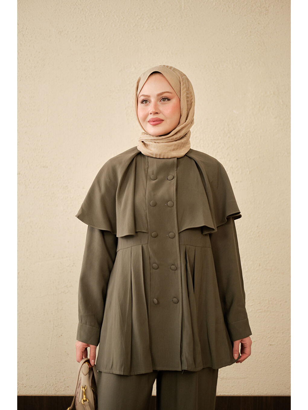 Kadın Yaka Pelerinli Çift Düğme Detay Takım Haki Yeşil-2