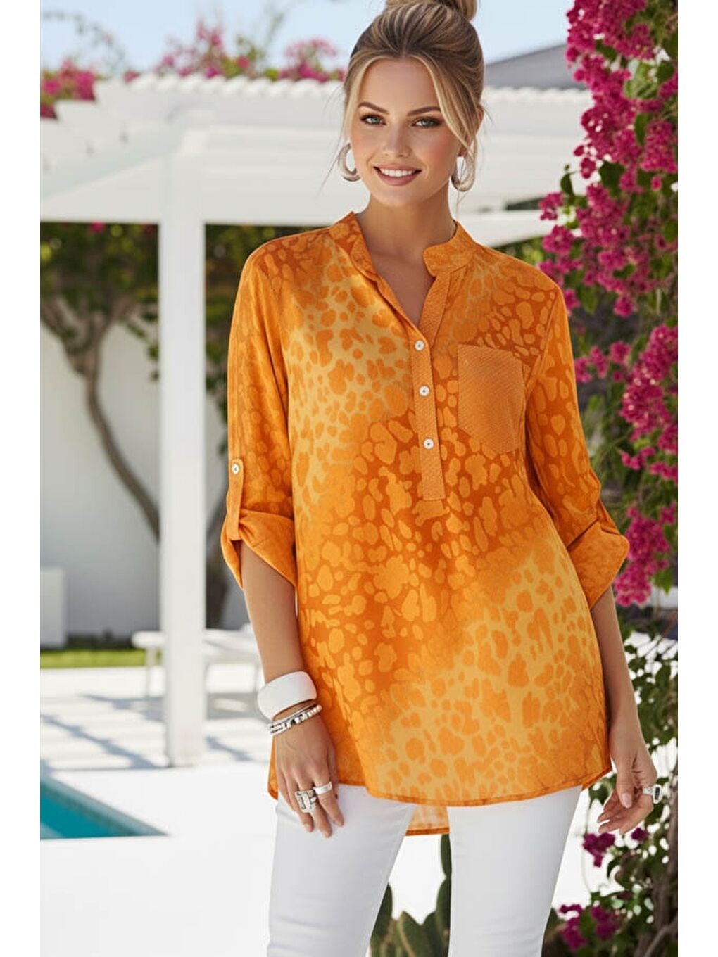 İtalyan Turuncu Hakim Yaka Düğmeli 3/4 Kol Desenli Pullu Cepli Casual Viskon Bluz 75 60-1