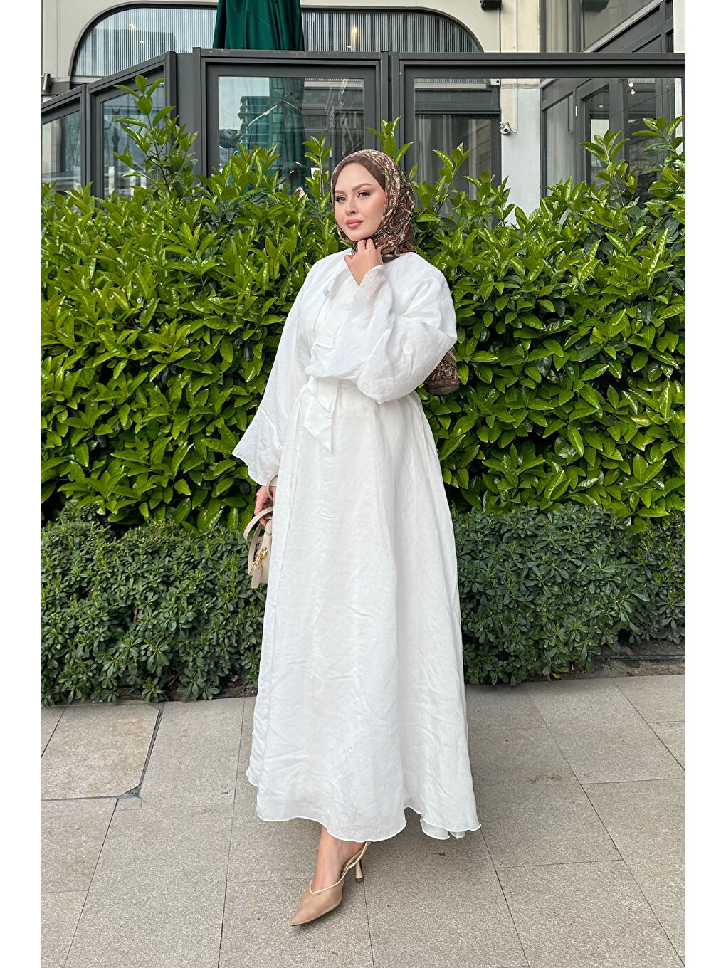 Kadın Tül Kumaş Boyun Bağlamalı Detaylı Bel Bağlamalı Elbise Beyaz-3