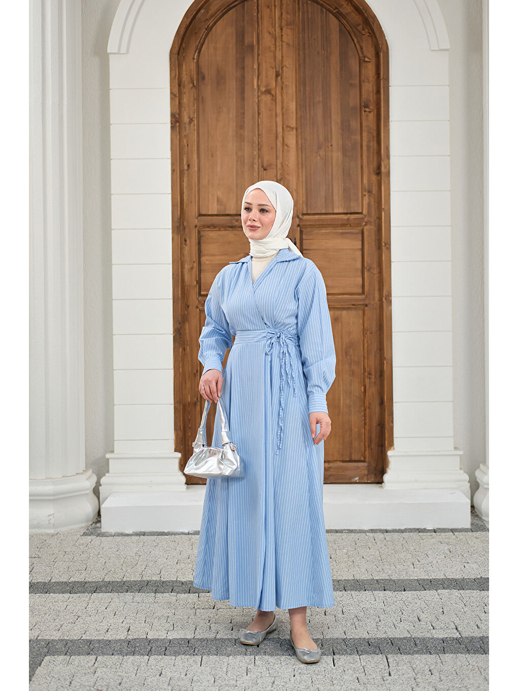 Kadın Yan Bağlamalı Çizgili Elbise Mavi