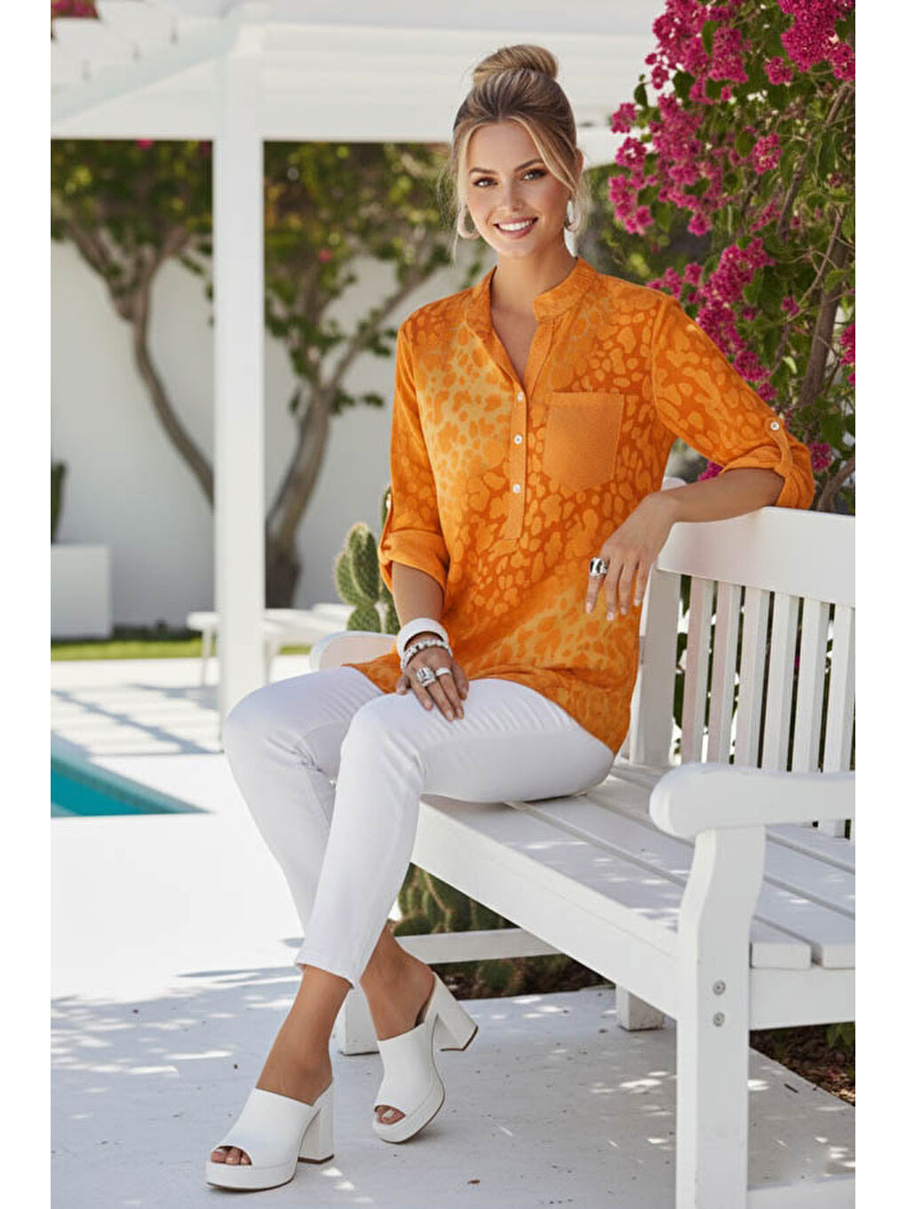 İtalyan Turuncu Hakim Yaka Düğmeli 3/4 Kol Desenli Pullu Cepli Casual Viskon Bluz 75 60-2