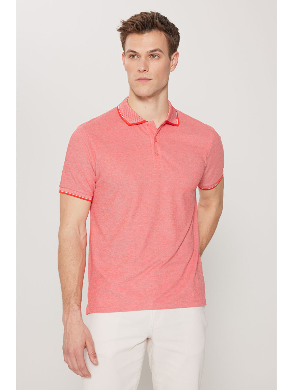 Kırmızı Erkek Nar Çiçeği-Beyz Slim Fit Dar Kesim Kıvrılmaz Polo Yaka Kısa Kollu Tişört-3