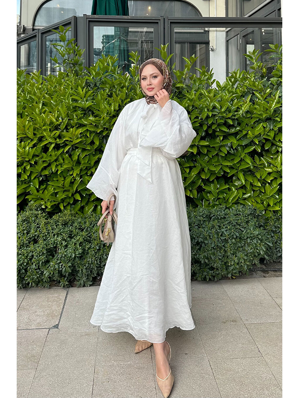 Kadın Tül Kumaş Boyun Bağlamalı Detaylı Bel Bağlamalı Elbise Beyaz-4