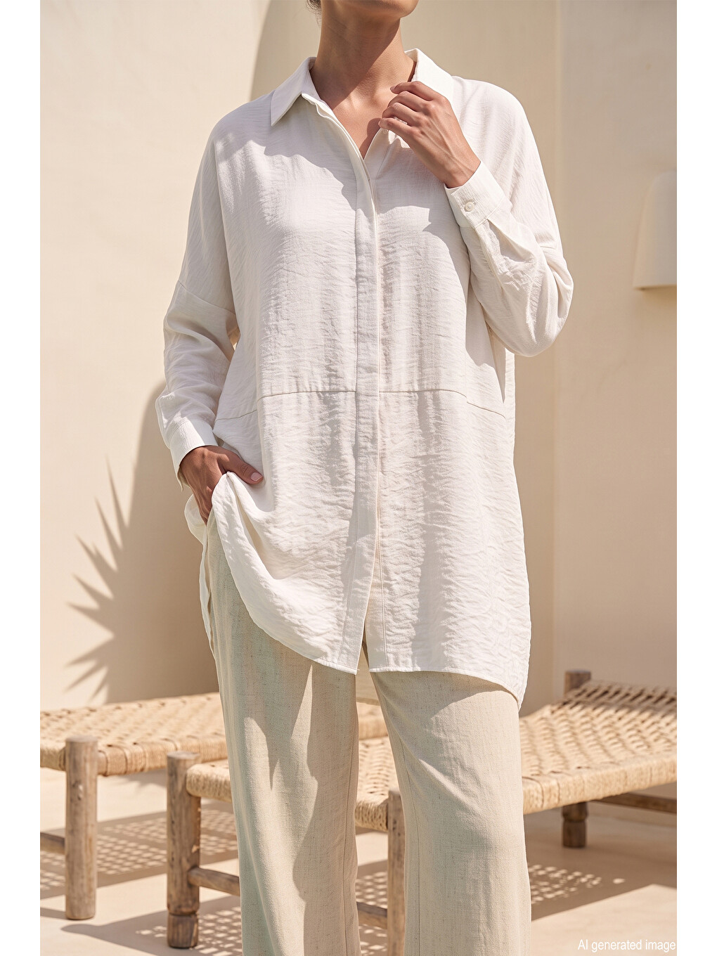 Oversize Basic Yazlık Gömlek 3001 Ekru