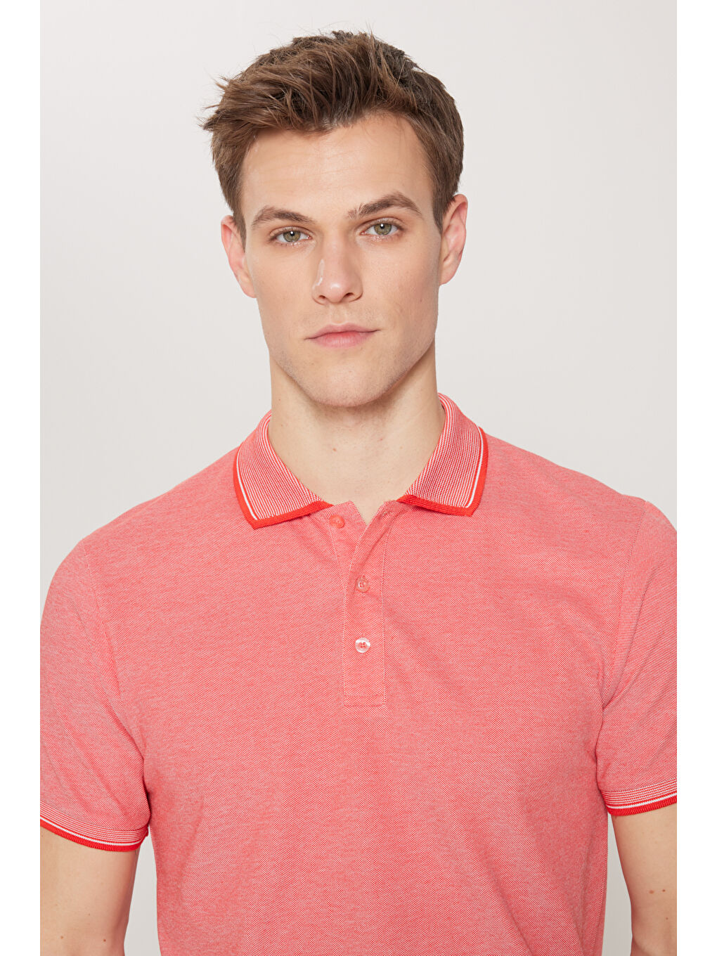 Kırmızı Erkek Nar Çiçeği-Beyz Slim Fit Dar Kesim Kıvrılmaz Polo Yaka Kısa Kollu Tişört-5