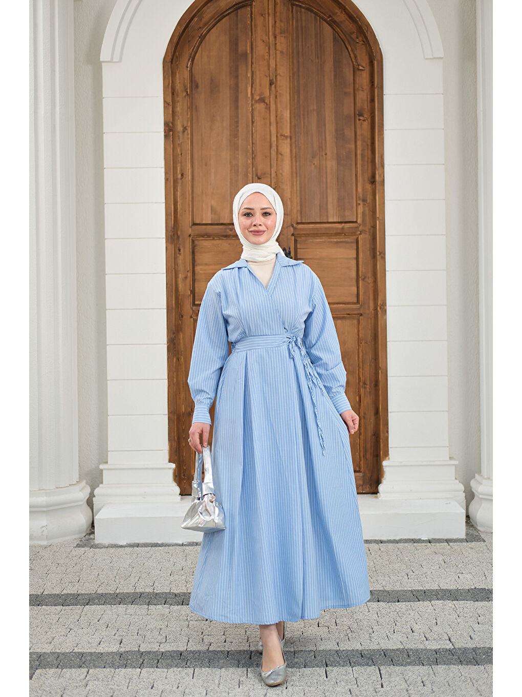 Kadın Yan Bağlamalı Çizgili Elbise Mavi-1
