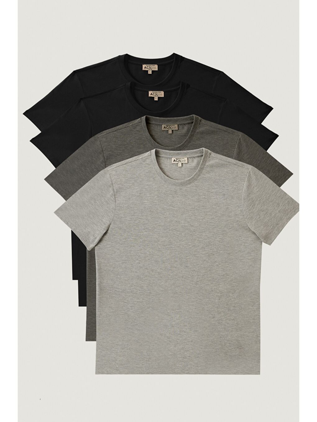 Erkek Gri Melanj-Koyu Gri-Siyah-Siyah Slim Fit 4'lü Tişört Paket