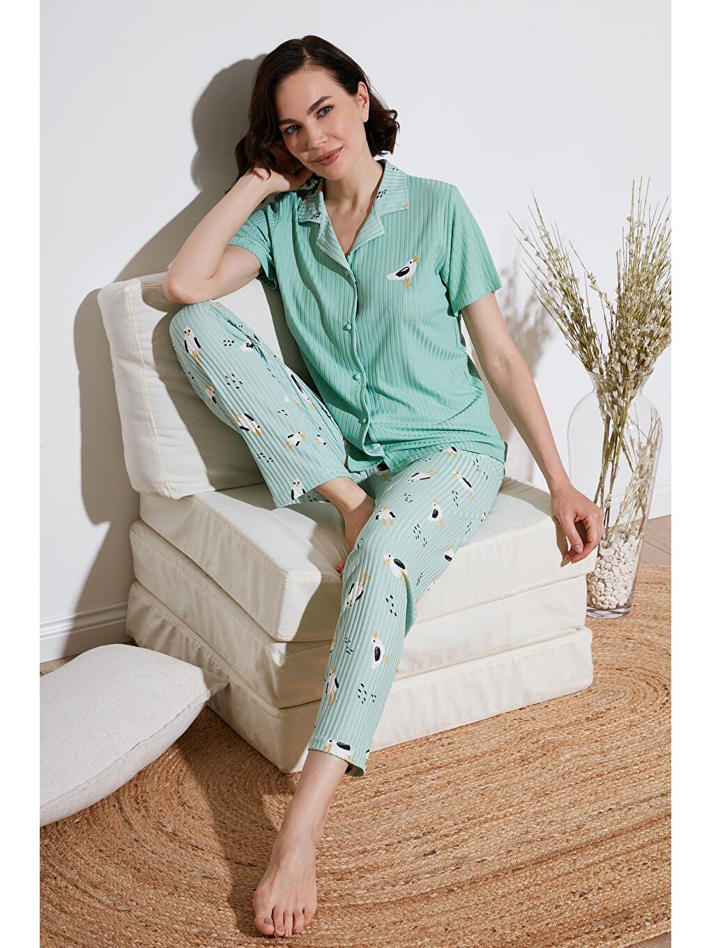 Lela Mint Yeşil Regular Fit Gömlek Yaka Kısa Kollu Kadın Pijama Takımı 65740102 - 1