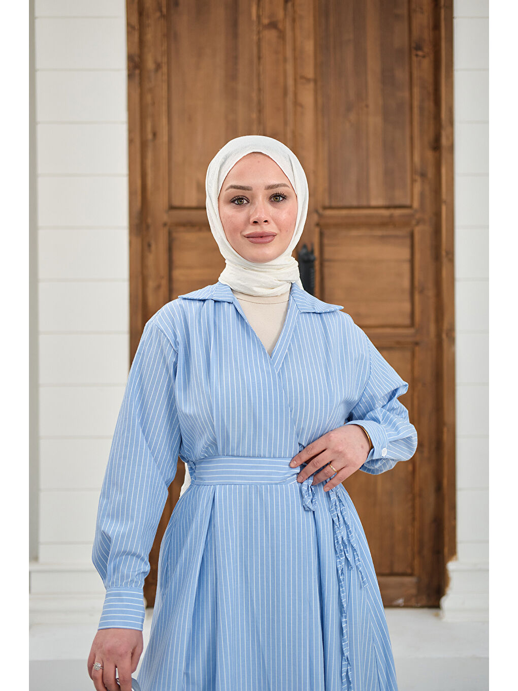 Kadın Yan Bağlamalı Çizgili Elbise Mavi-2