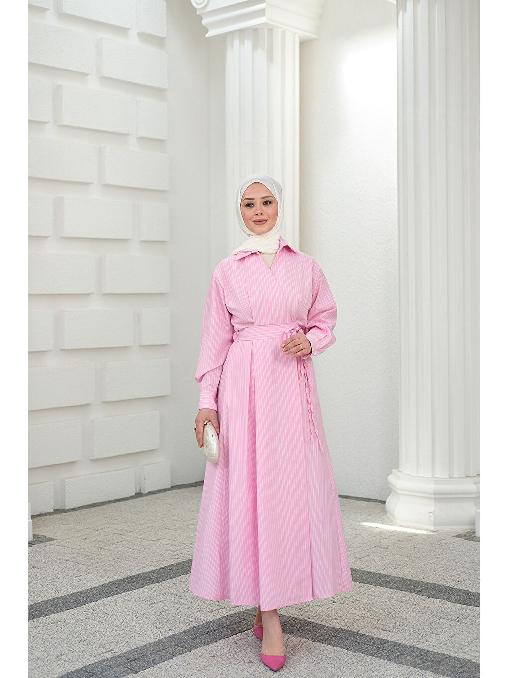 Kadın Yan Bağlamalı Çizgili Elbise Pembe-1