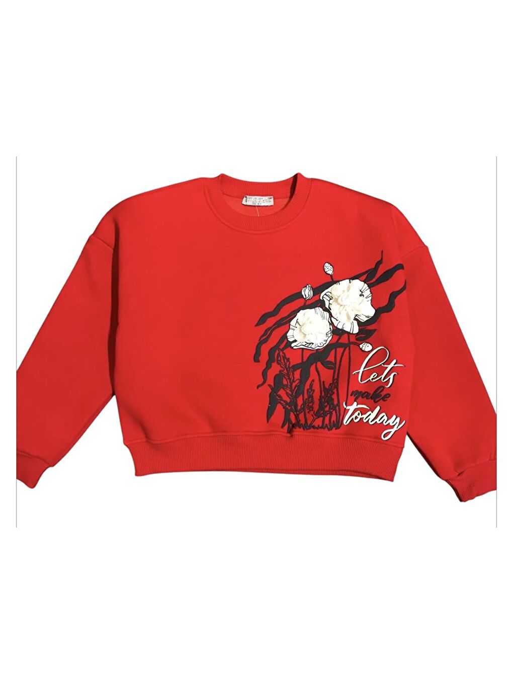 Little Star Kırmızı Kız Çocuk Şardonlu Çiçek Detaylı Sweatshirt