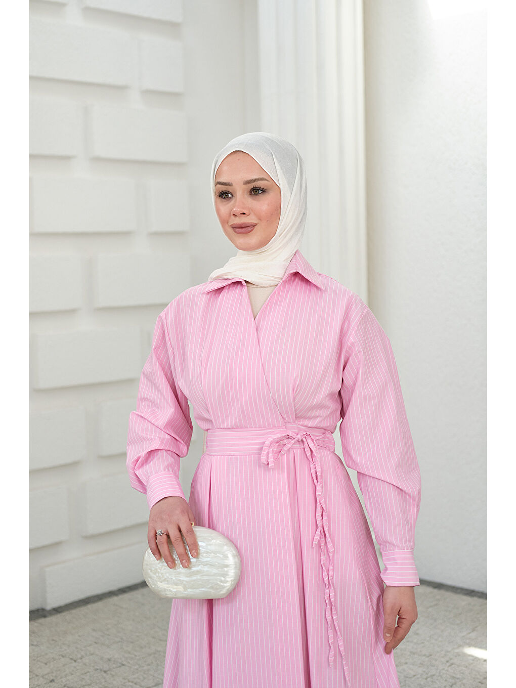 Kadın Yan Bağlamalı Çizgili Elbise Pembe-2