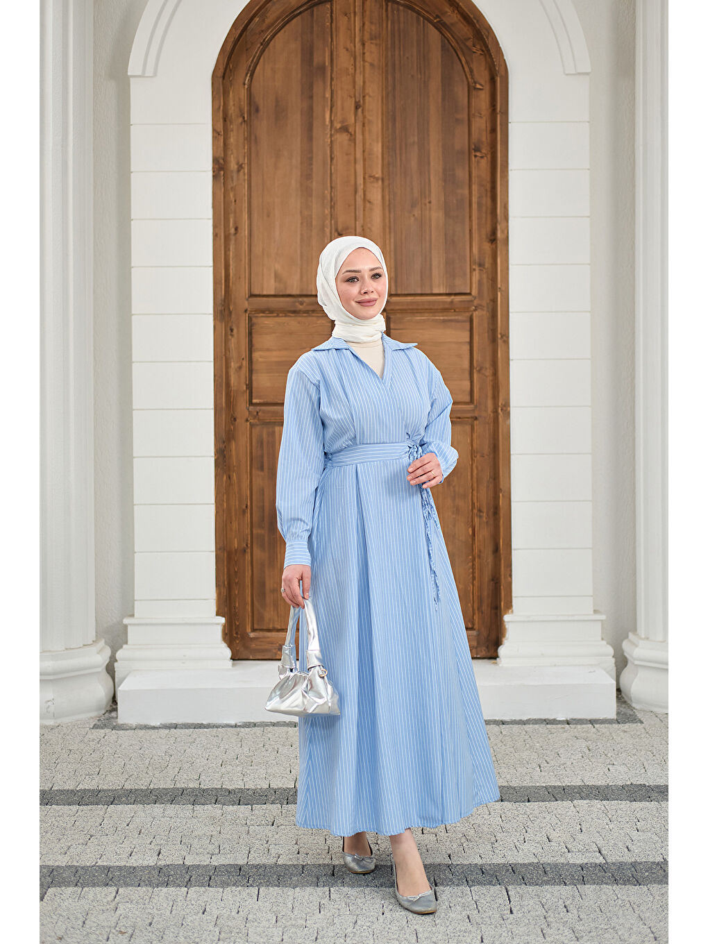 Kadın Yan Bağlamalı Çizgili Elbise Mavi-4