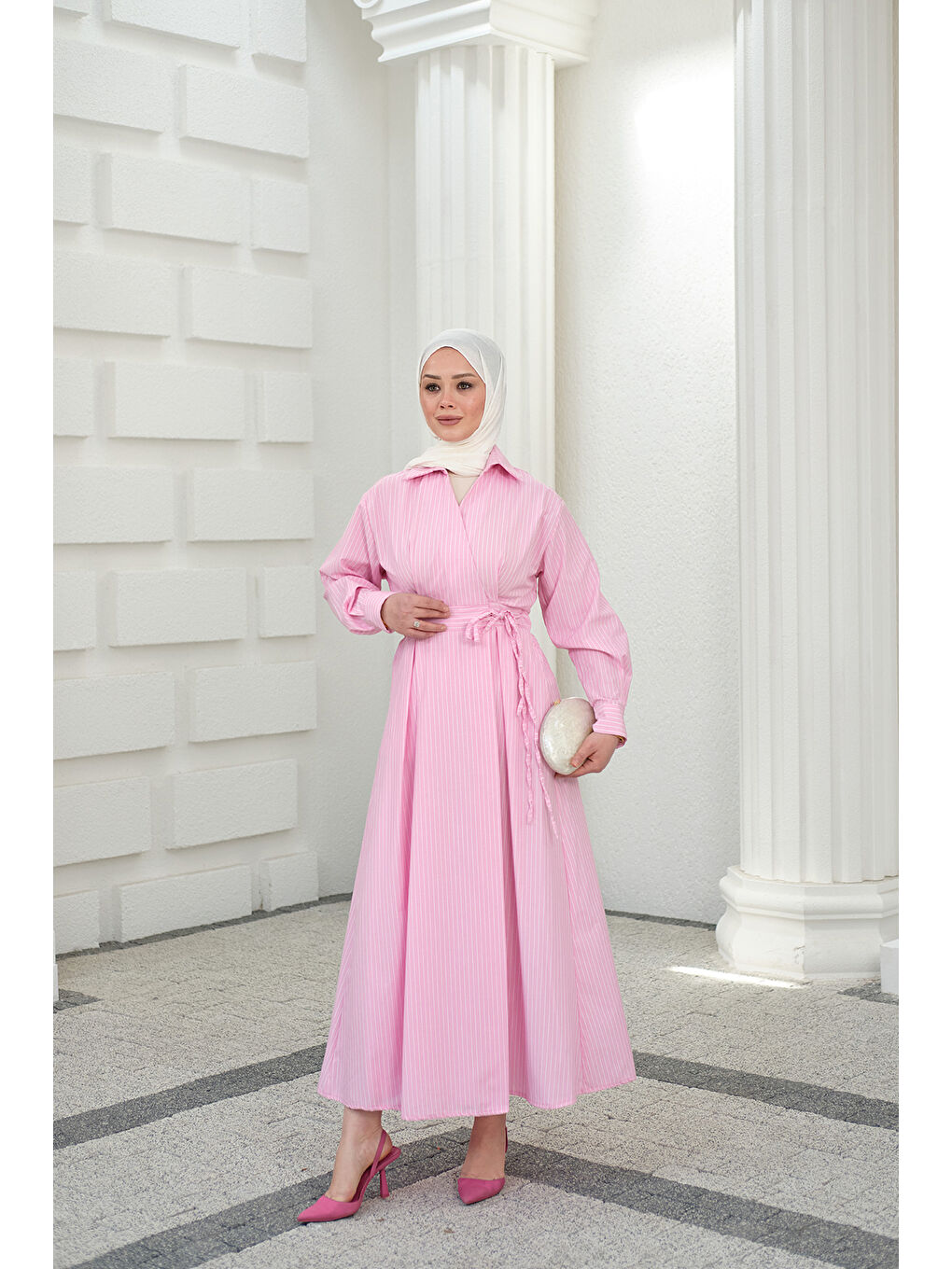 Kadın Yan Bağlamalı Çizgili Elbise Pembe-3