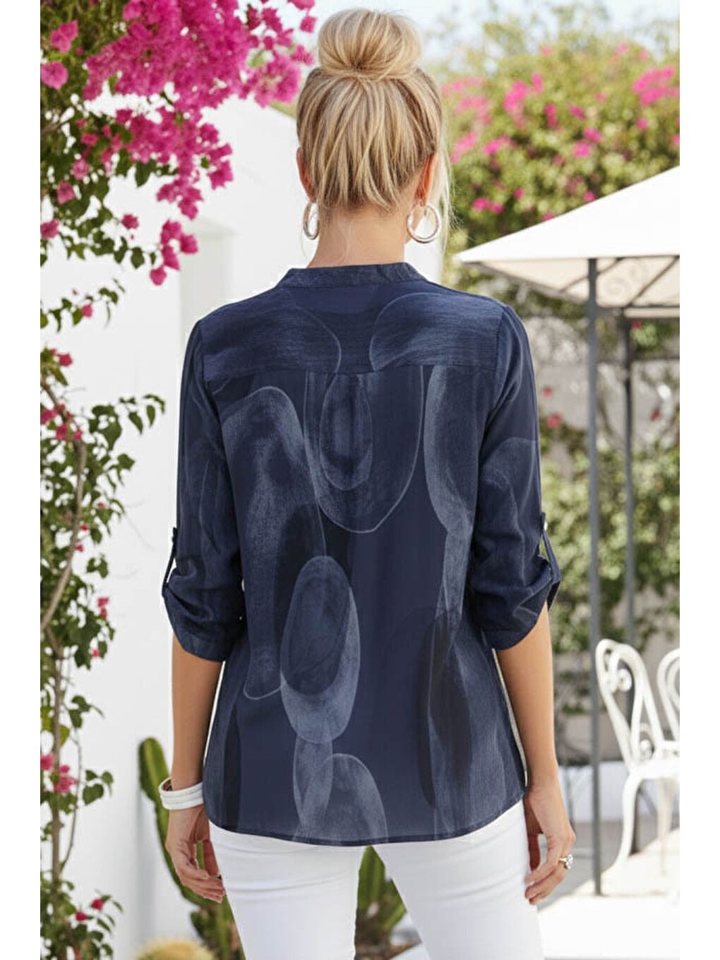 İtalyan Lacivert Hakim Yaka Düğmeli 3/4 Kol Geometrik Desenli Pullu Cepli Casual Viskon Bluz 75 60-7