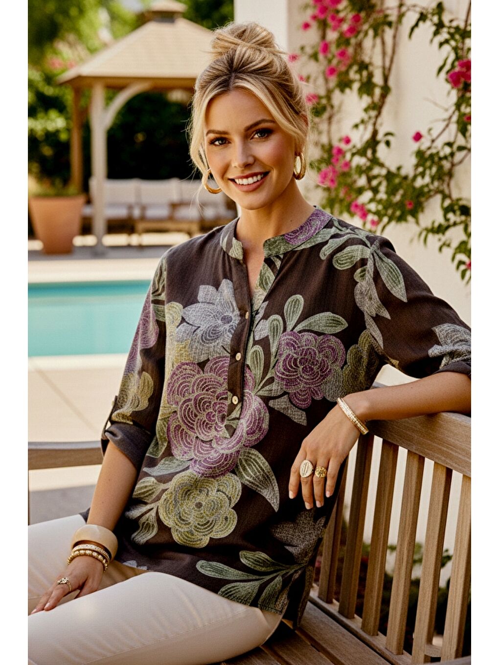 İtalyan Kahverengi Hakim Yaka Düğmeli 3/4 Kol Çiçekli Cepli Casual Keten Görünümlü Dokuma Bluz 75 65