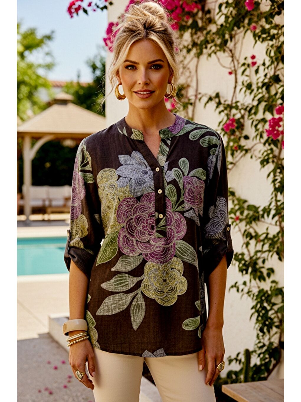 İtalyan Kahverengi Hakim Yaka Düğmeli 3/4 Kol Çiçekli Cepli Casual Keten Görünümlü Dokuma Bluz 75 65-1