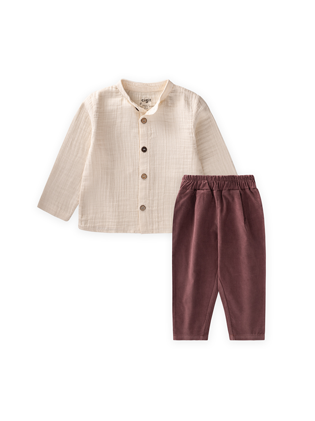 Ekru Organik Müslin Gömlekli Kadife Takım 0-4 Yaş Naturel