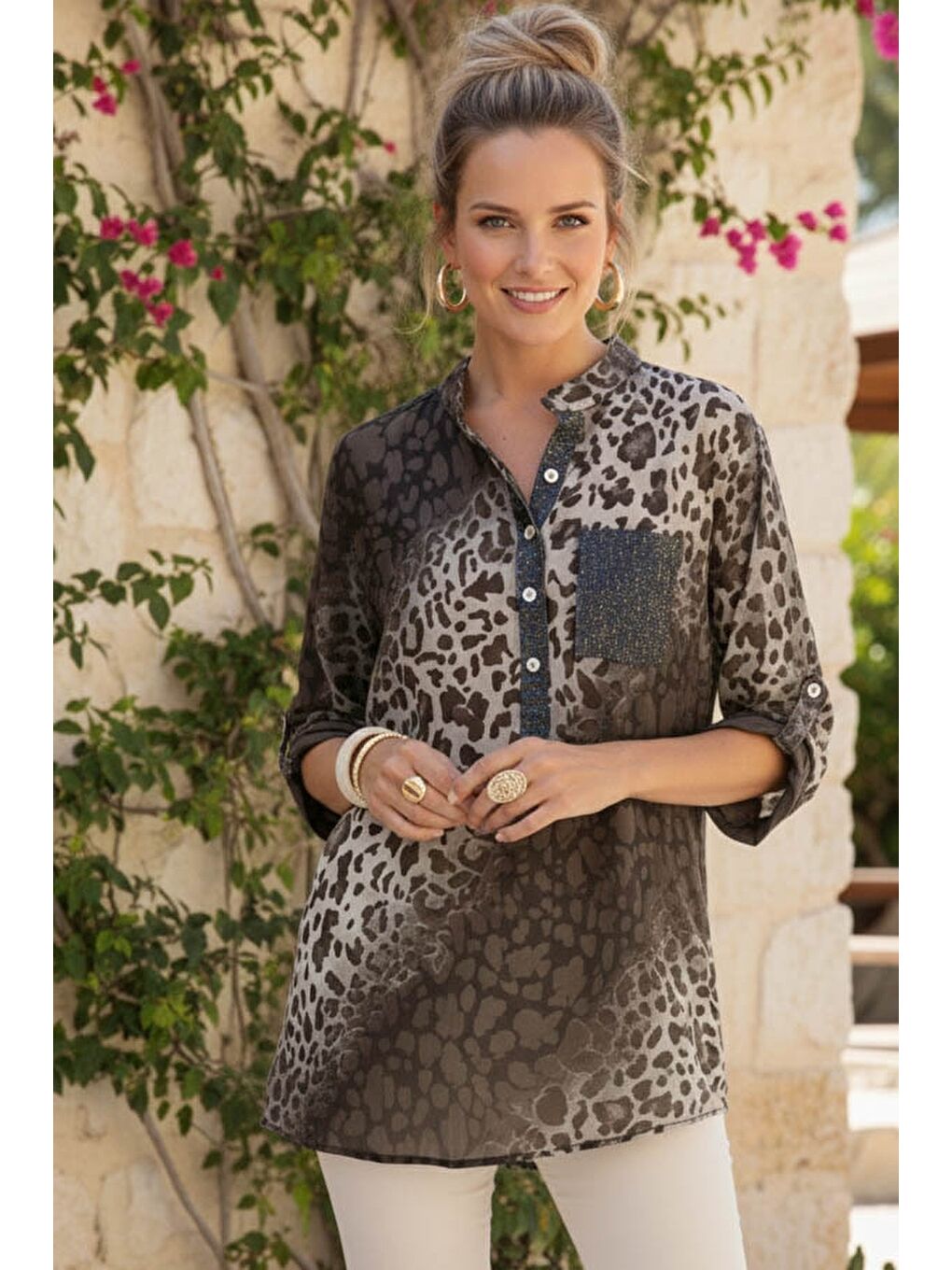 İtalyan Kahverengi Hakim Yaka Düğmeli 3/4 Kol Desenli Pullu Cepli Casual Viskon Bluz 75 60-2