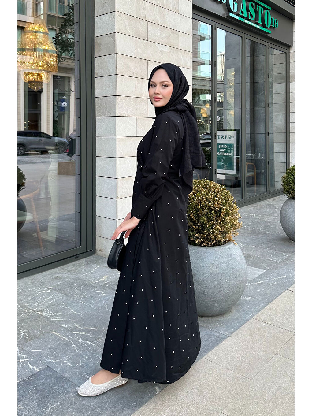 Kadın Puantiyeli Yandan Bağlamalı Elbise Siyah-1