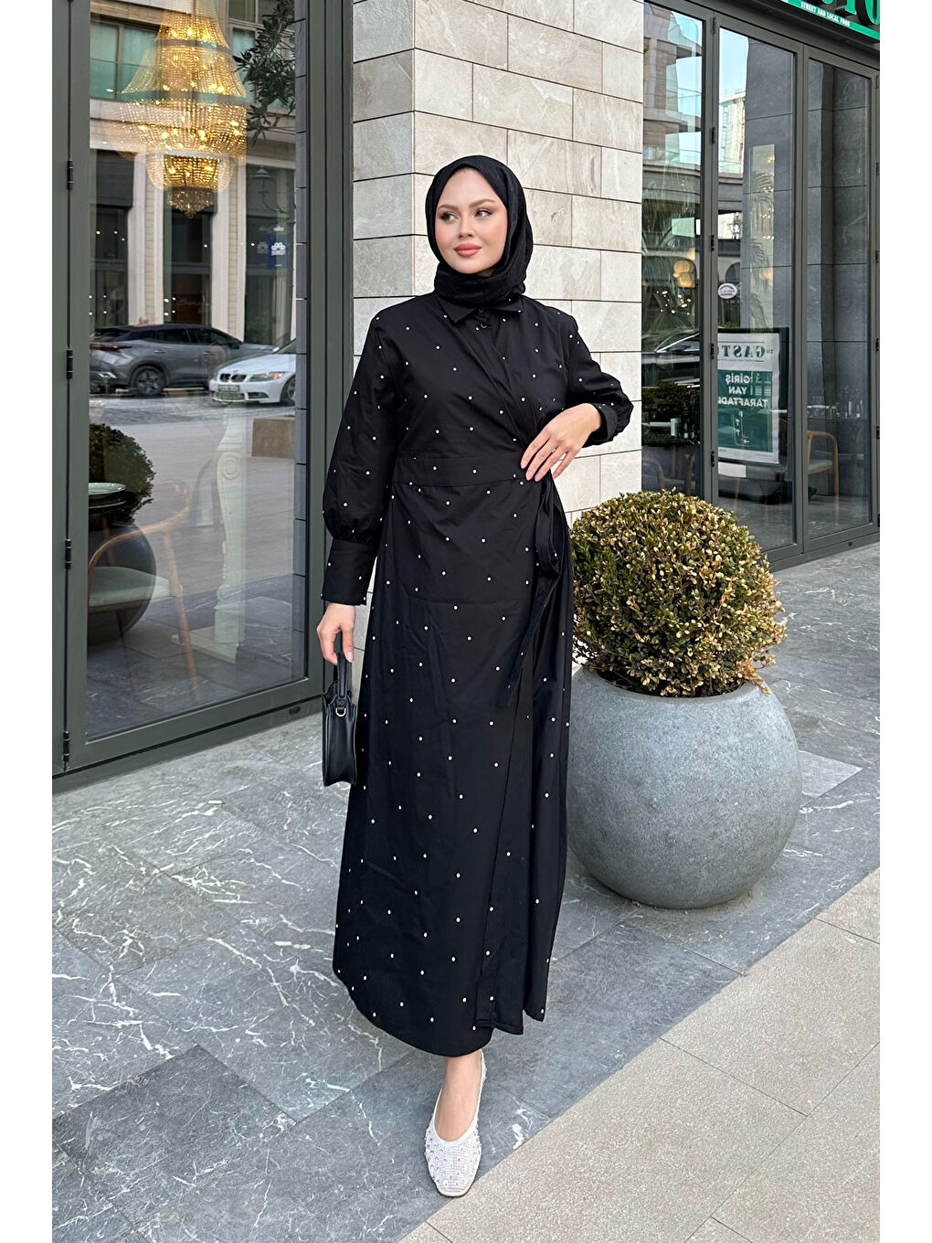 Kadın Puantiyeli Yandan Bağlamalı Elbise Siyah-3