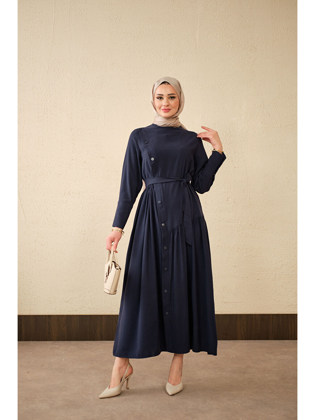 Kadın Düğmeli Etek Büzgülü Bel Bağlamalı Elbise Lacivert