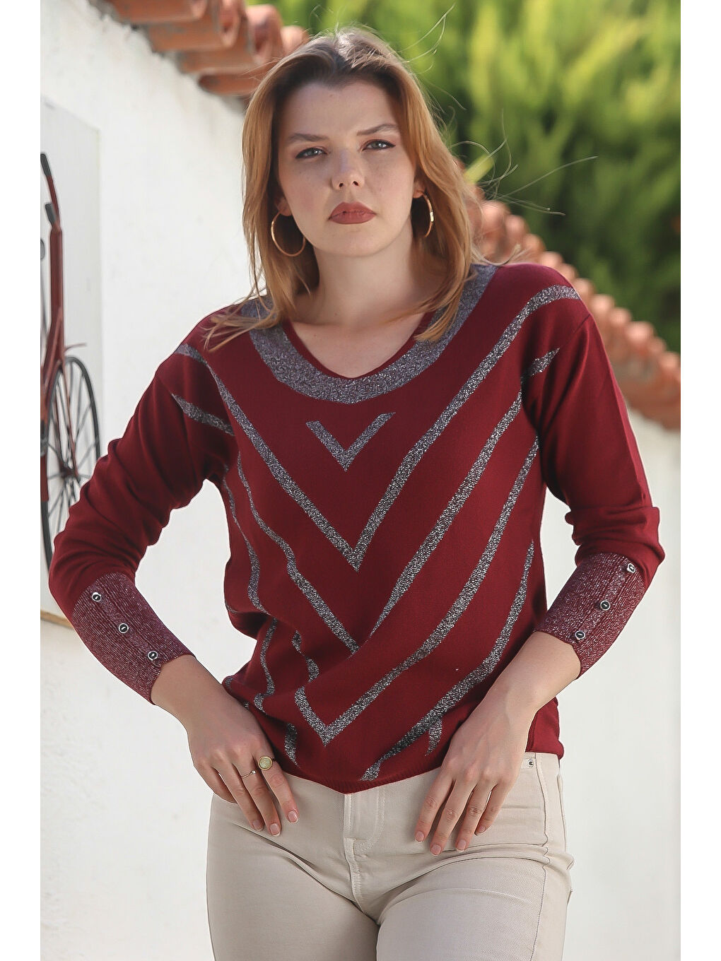 Bordo V Yaka Manşetli Kollu Düğmeli Simli Casual Triko Kazak 65 60-1