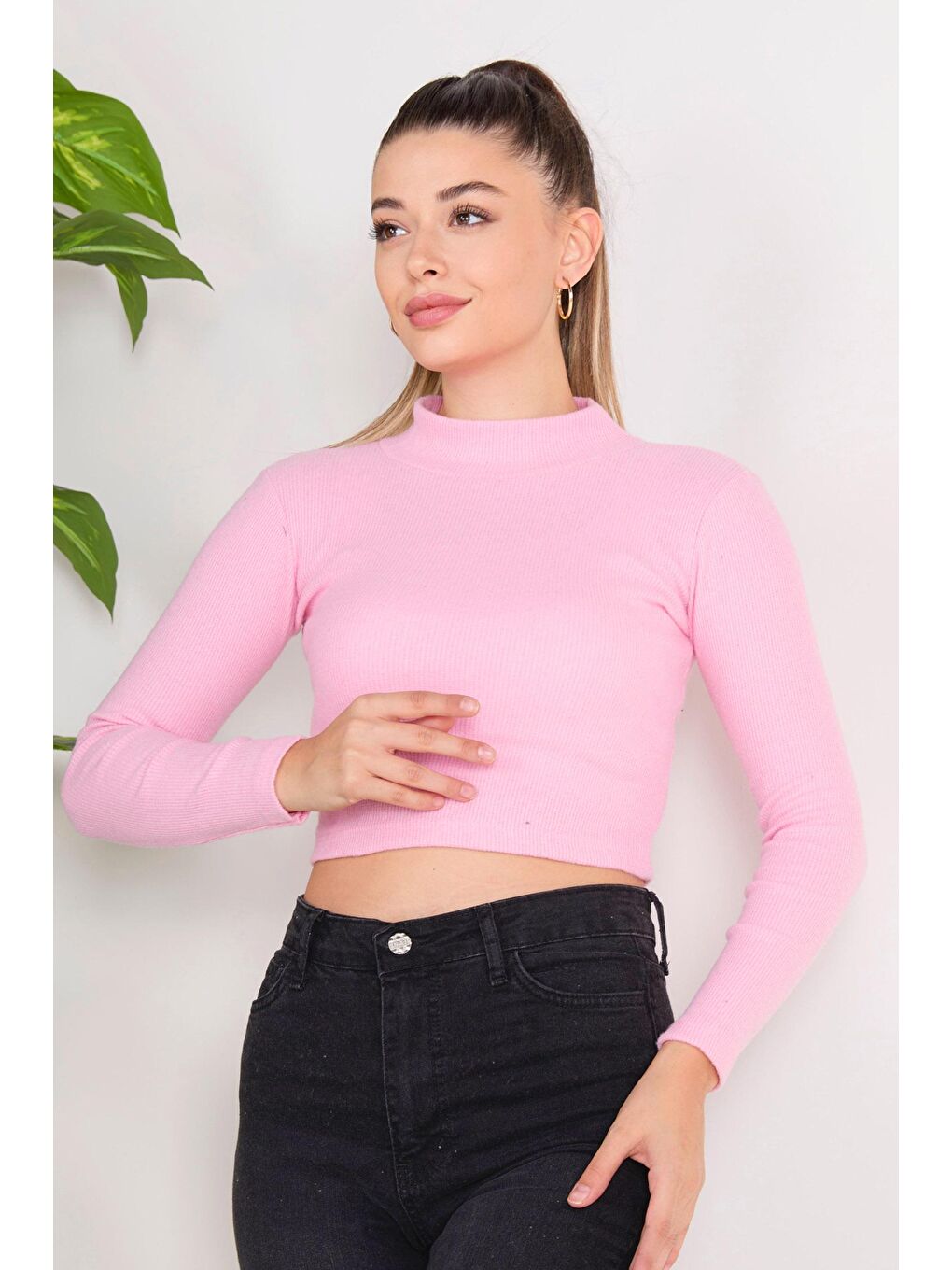 TOFİSA Pembe Düz Yarım Balıkçı Yaka Kadın Pembe Crop - 23136