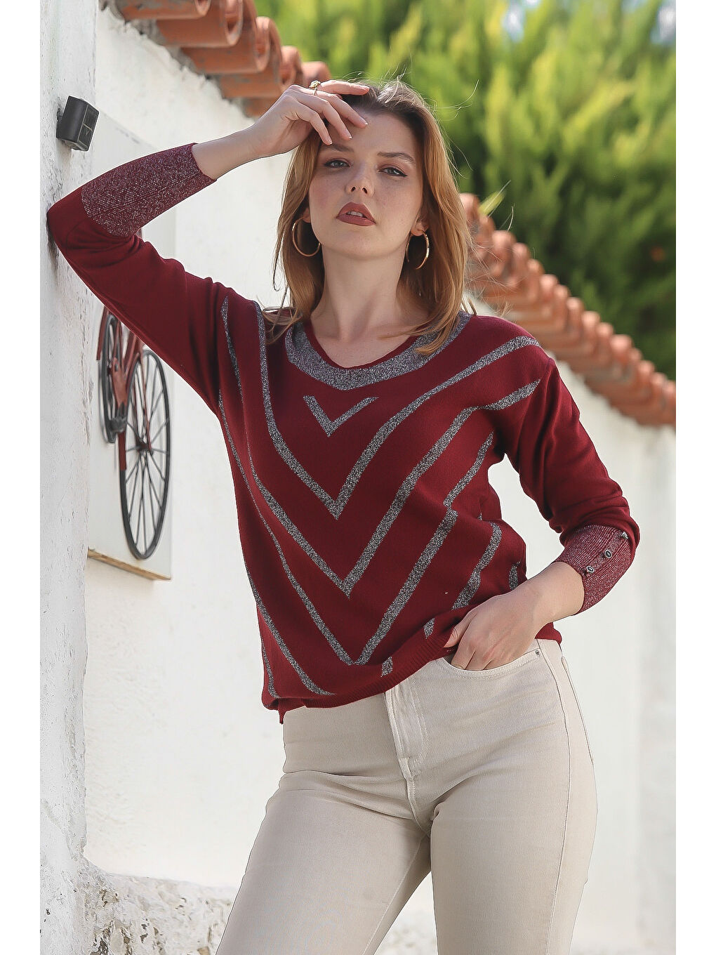 Bordo V Yaka Manşetli Kollu Düğmeli Simli Casual Triko Kazak 65 60-2