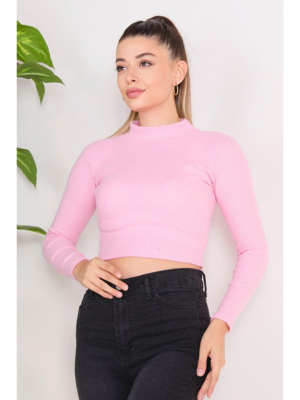 TOFİSA Pembe Düz Yarım Balıkçı Yaka Kadın Pembe Crop - 23136 - 1