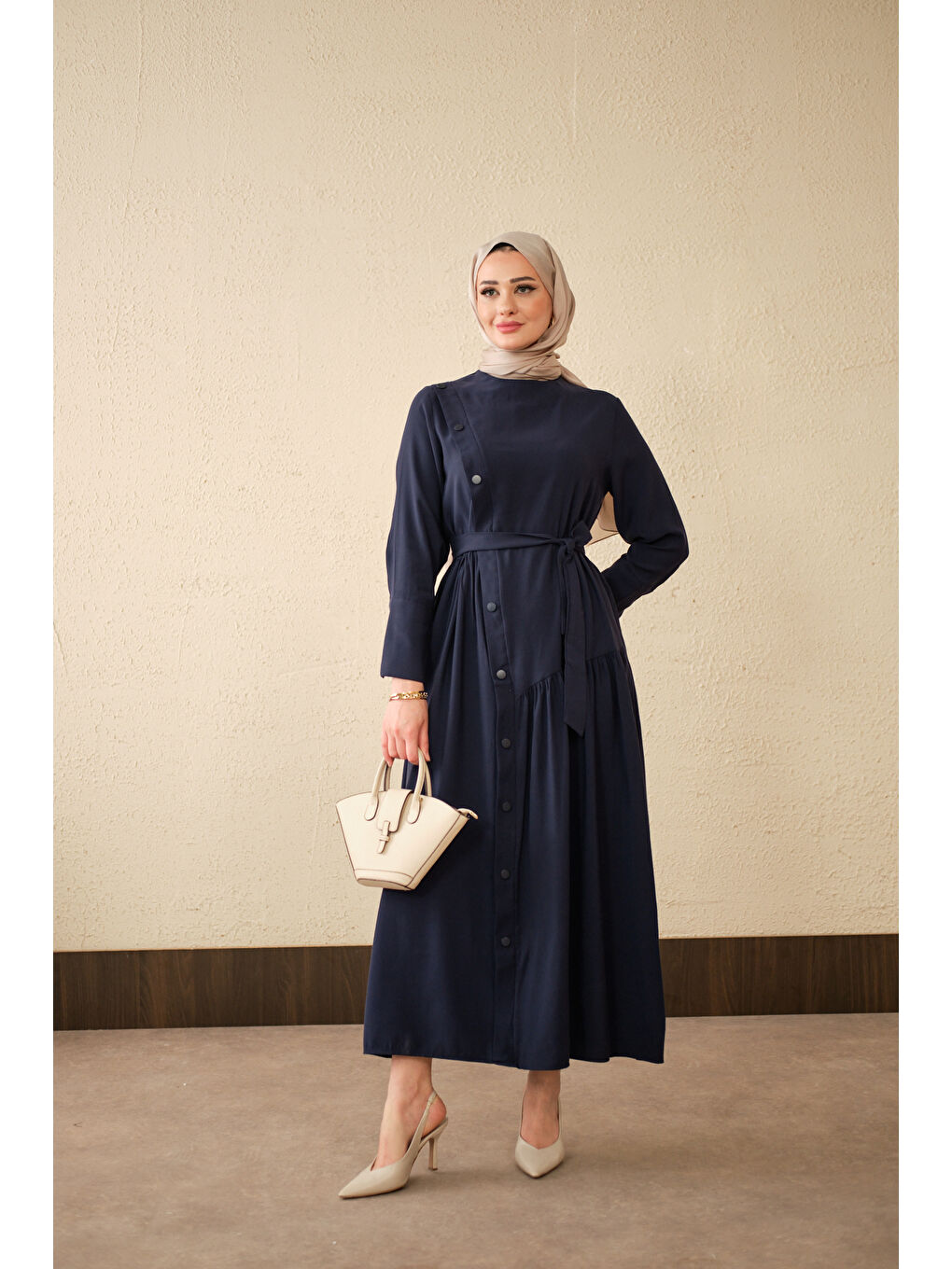 Kadın Düğmeli Etek Büzgülü Bel Bağlamalı Elbise Lacivert-1