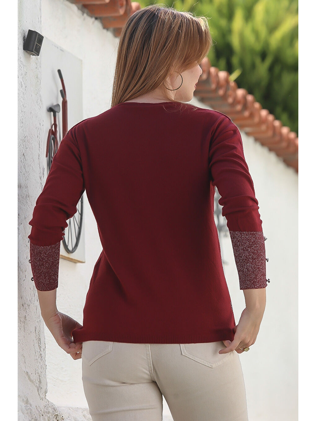 Bordo V Yaka Manşetli Kollu Düğmeli Simli Casual Triko Kazak 65 60-4