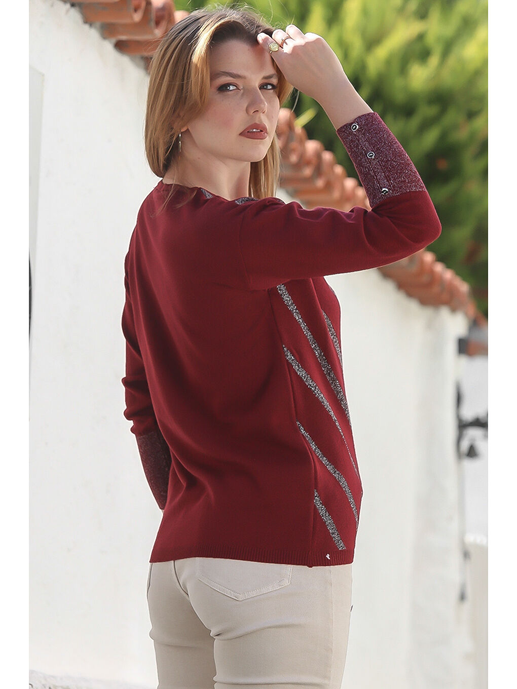 Bordo V Yaka Manşetli Kollu Düğmeli Simli Casual Triko Kazak 65 60-5