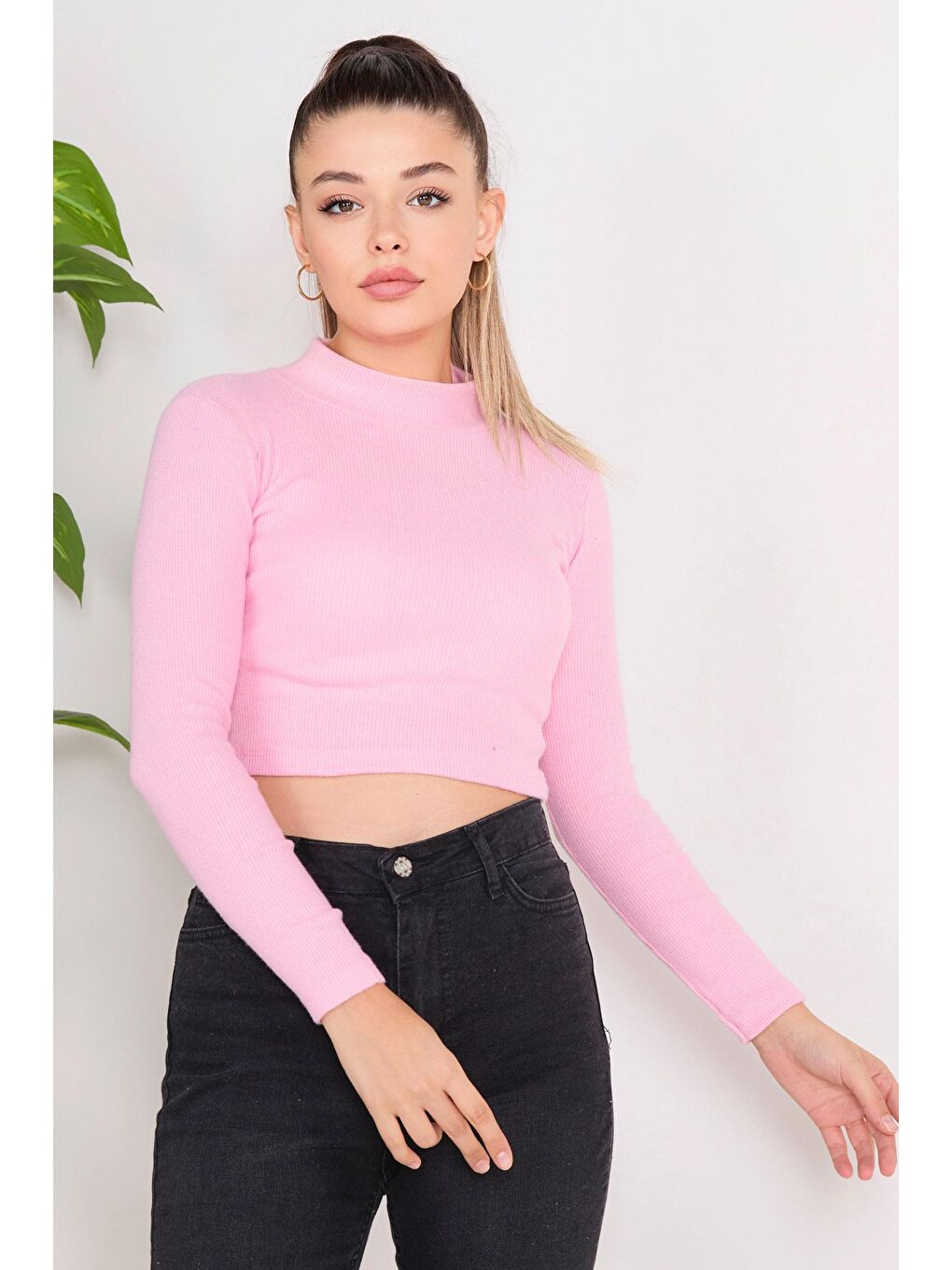 TOFİSA Pembe Düz Yarım Balıkçı Yaka Kadın Pembe Crop - 23136 - 2