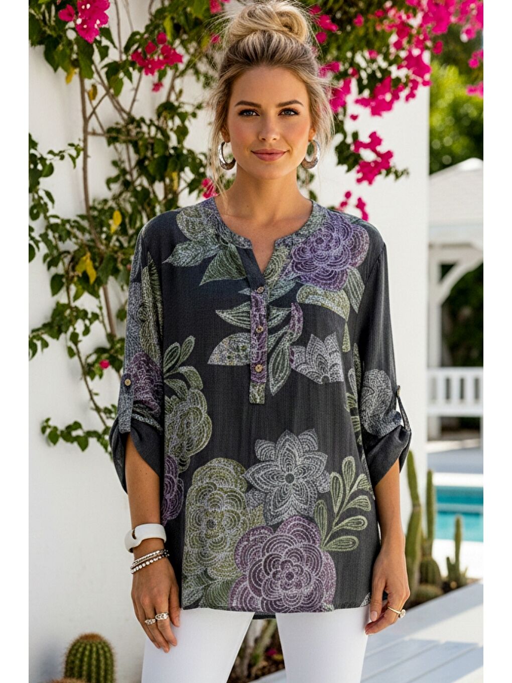 İtalyan Antrasit Hakim Yaka Düğmeli 3/4 Kol Çiçekli Cepli Casual Keten Görünümlü Dokuma Bluz 75 65-1