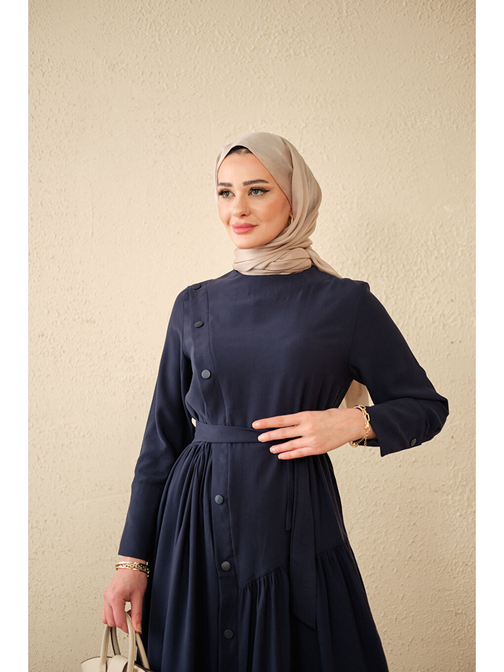 Kadın Düğmeli Etek Büzgülü Bel Bağlamalı Elbise Lacivert-2