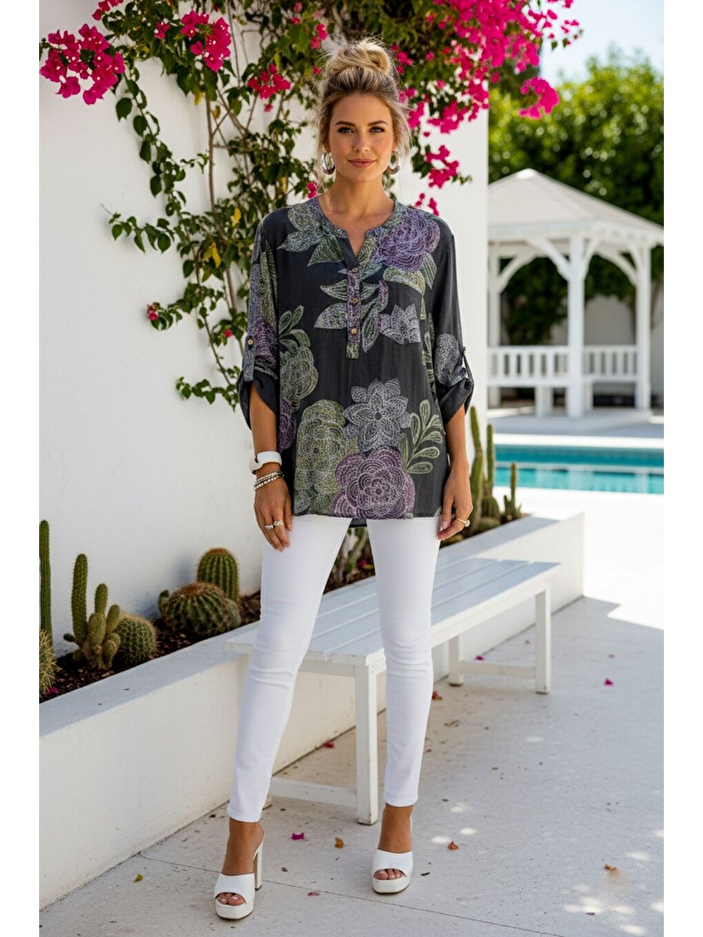 İtalyan Antrasit Hakim Yaka Düğmeli 3/4 Kol Çiçekli Cepli Casual Keten Görünümlü Dokuma Bluz 75 65-2