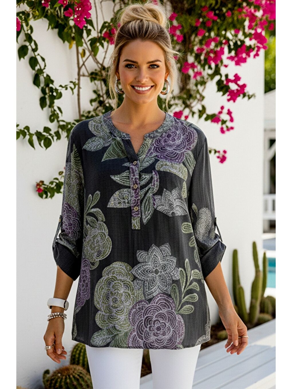 İtalyan Antrasit Hakim Yaka Düğmeli 3/4 Kol Çiçekli Cepli Casual Keten Görünümlü Dokuma Bluz 75 65-3