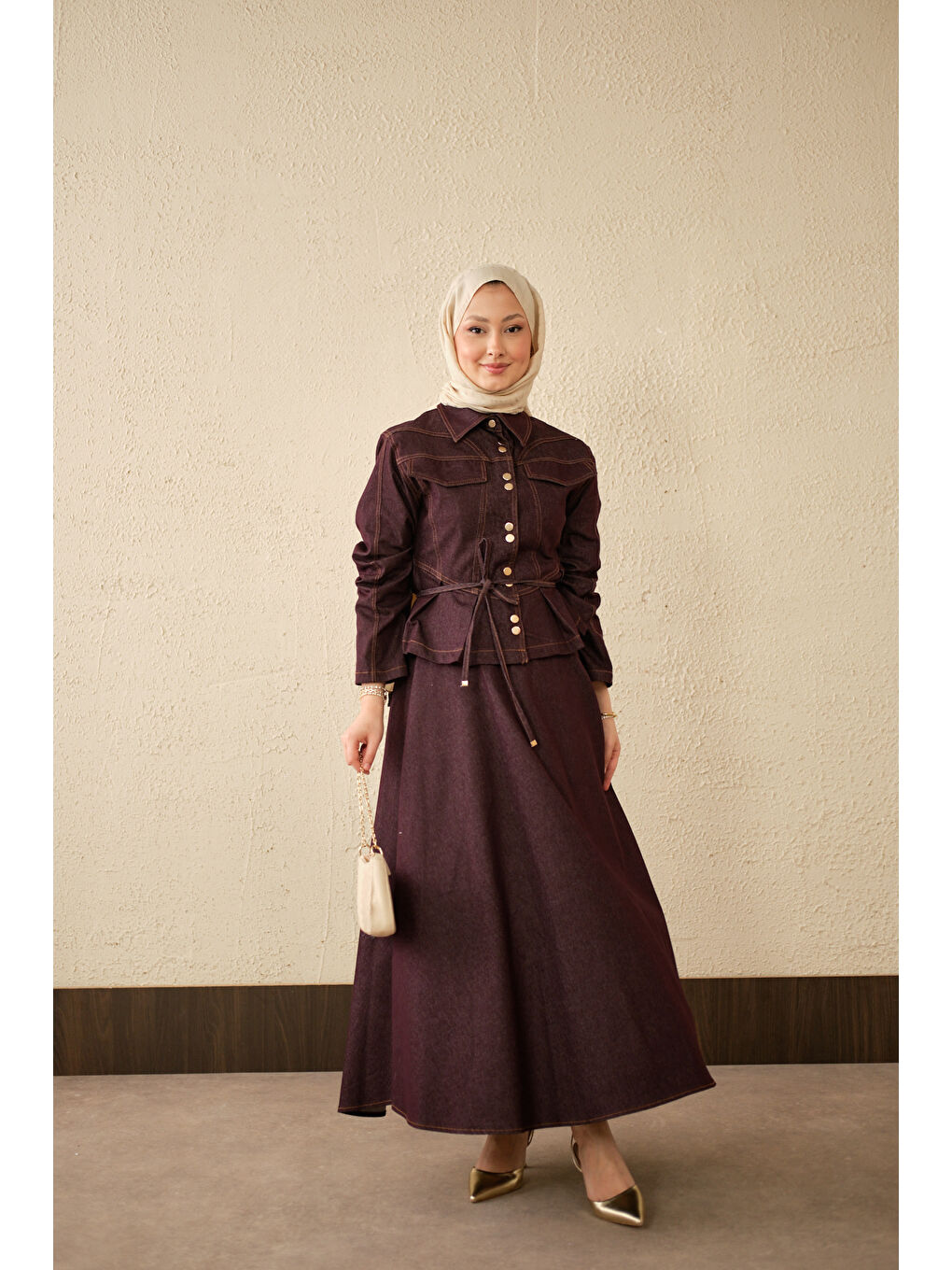 Kadın Çift Cep Görünümlü Dikiş Detay Jean Takım Mürdüm