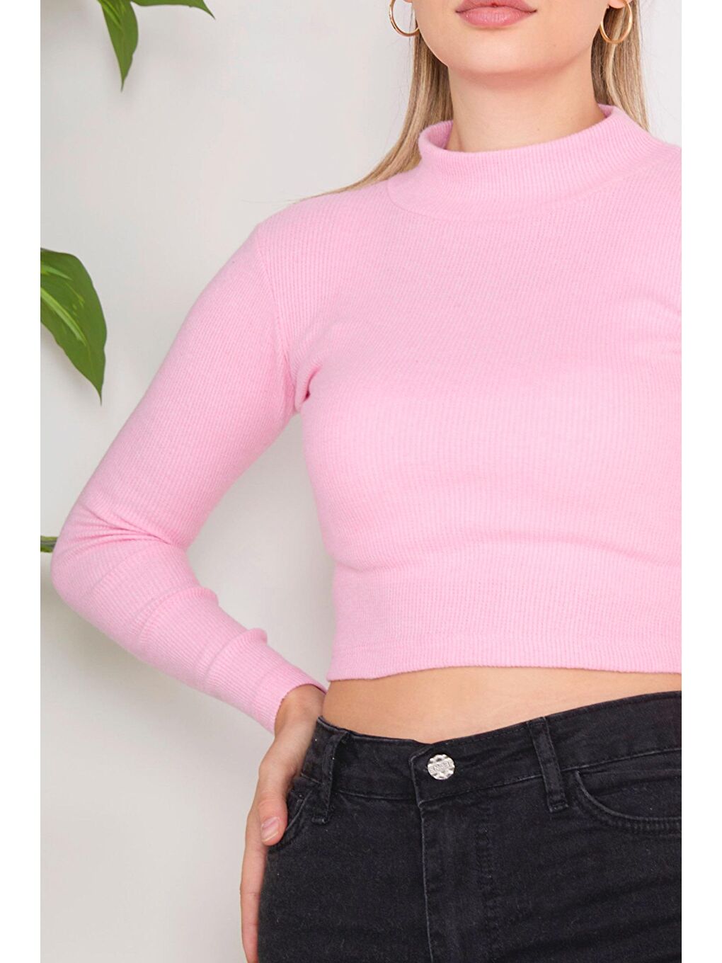 TOFİSA Pembe Düz Yarım Balıkçı Yaka Kadın Pembe Crop - 23136 - 3