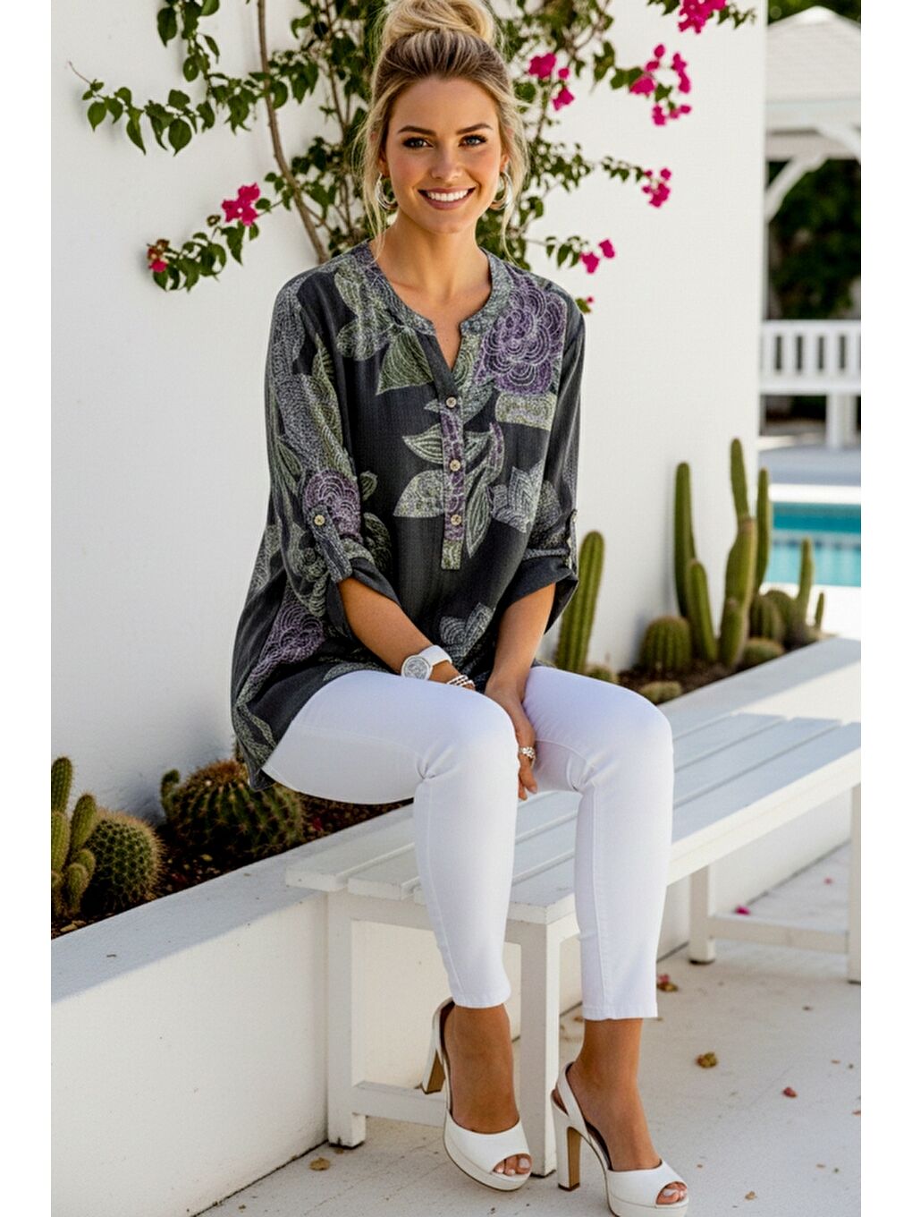 İtalyan Antrasit Hakim Yaka Düğmeli 3/4 Kol Çiçekli Cepli Casual Keten Görünümlü Dokuma Bluz 75 65-4