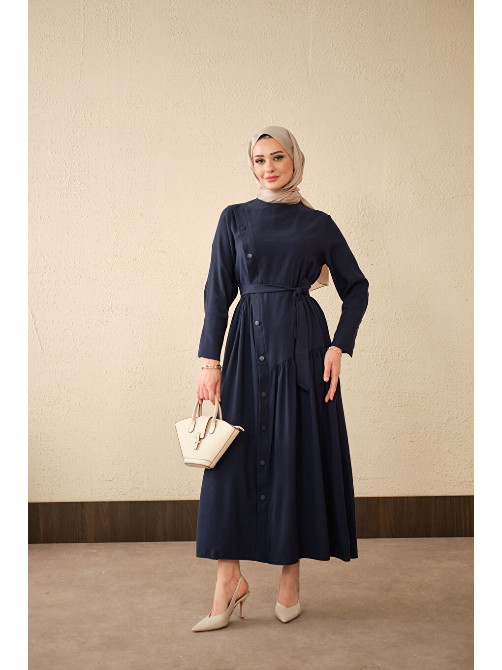 Kadın Düğmeli Etek Büzgülü Bel Bağlamalı Elbise Lacivert-3