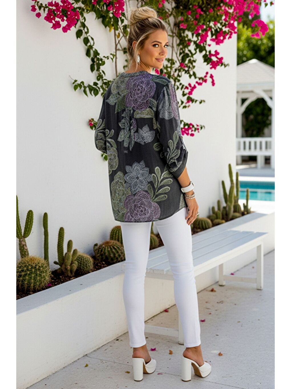 İtalyan Antrasit Hakim Yaka Düğmeli 3/4 Kol Çiçekli Cepli Casual Keten Görünümlü Dokuma Bluz 75 65-6