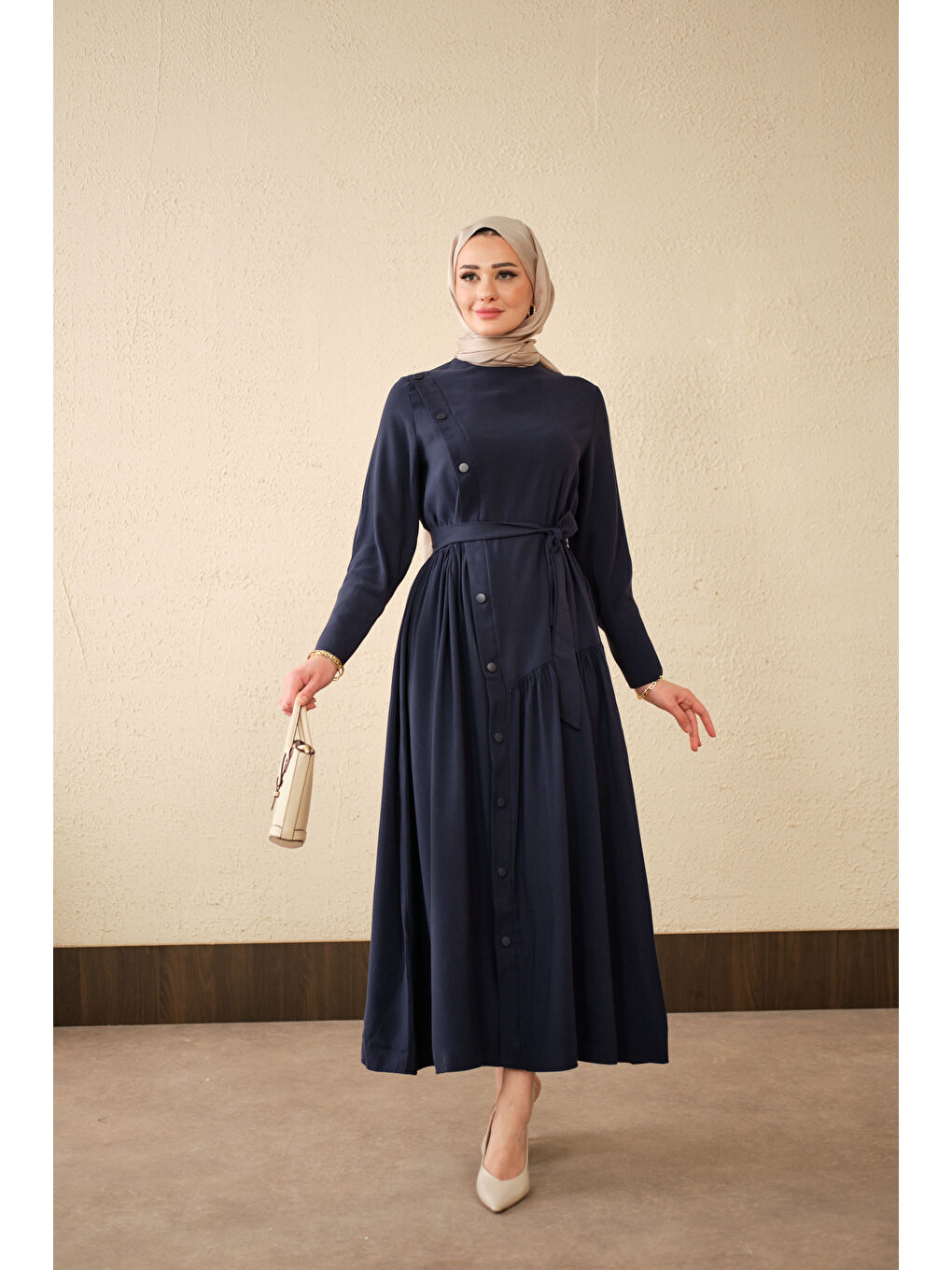 Kadın Düğmeli Etek Büzgülü Bel Bağlamalı Elbise Lacivert-4